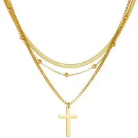 KARMA Kette mit Anhänger Layering Halskette Damen Kreuz Gold 3 lagig (wasserfest hypoallergen rostfrei, 1-tlg., Layering-Kette Geschenk für Sie), Edelstahl Damenkette Damenschmuck