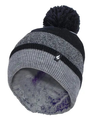 Heat Holders - Ladies Warm Knit Fleece gefüttert Winter Warm Hat mit Pom Pom - Schwarz / Grau