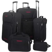 furnicato Koffer Trolley-Set 5-teilig S-M-L Schwarz, Stapelbares Koffer-Set mit Teleskopgriff, Kulturbeutel und Reisetasche