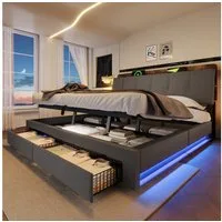 Merax Polsterbett mit LED-Beleuchtung, USB & Typ-C (1-tlg), Doppelbett 180x200cm mit hydraulischem Stauraum & 2 Schubladen, Leinen
