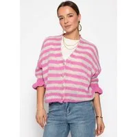 SASSYCLASSY Cardigan Gestreifter Cardigan mit 3/4-Ärmeln für Damen Cozy Cardigan mit Ballonärmeln und Knopfleiste Grau Pink Gelb