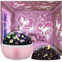 Wootoy LED Nachtlicht Einhorn Nachtlicht Projektor 360° rotierende Sternenprojektor Lampe, in Warmgelb Blau Rot und Grün, LED fest integriert, Farbwechsler, 360° rotierende Projektion 5 Lichtmodi 4 LED-Farben