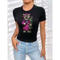 RMK T-Shirt Damen Shirt Top kurzarm Freizeit Rundhals Blume Garten "Cat Katze" aus Baumwolle