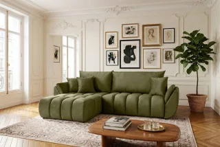 Ecksofa Schlafsofa Sofa COLLIN in Stoff Monolith Olivgrün Ottomane Links