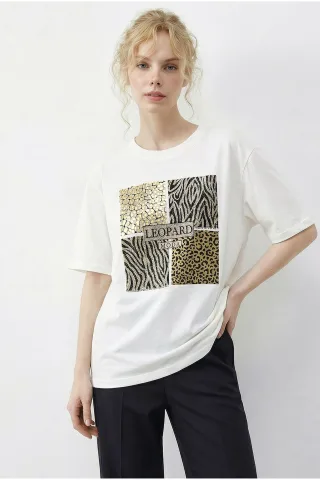 Leopardenmuster Paillettenshirt mit Rundhalsausschnitt