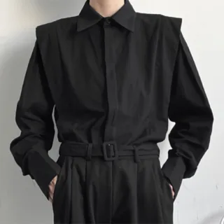 INCERUN Men Shoulder Fly Design Solid Color Casual Shirt Fashion Long Sleeve Lapel Shirt Top Comfortable Loose Fit Top f