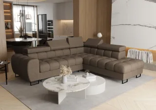 Ecksofa Schlafsofa BASTIEN MAX in Stoff Primo Braun Ottomane Rechts