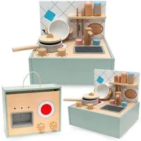 Mamabrum Kinder-Küchenset Faltbare Holz-Spielküche mit Kochzubehör