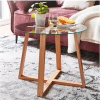 FINEBUY Couchtisch FB31294 Wohnzimmertisch Holz Glas Sofatisch Tisch Wohnzimmer Rund (58x58x47 cm Sofatisch Eiche Massivholz / Glas Rund), Kaffeetisch Echtholz, Wohnzimmertisch Modern