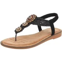 Ital-Design Damen Boho Zehentrenner Sandale mit Schmuckdetails Zehentrenner (91971236) Blockabsatz Riemchensandalen in Schwarz