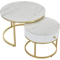 Merax Couchtisch Set rund Satztisch Wohnzimmertisch 1,5 cm Platte, hochglanz Marmoroptik aus Holz mit goldem Metallbeine