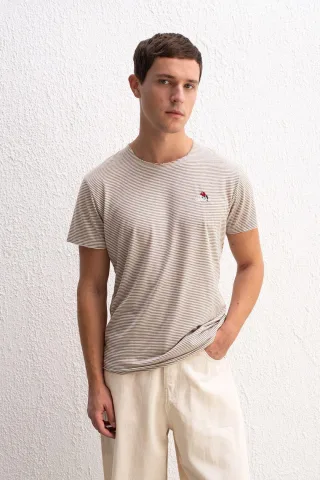 Gestreiftes Rundhals-T-Shirt mit Stickerei