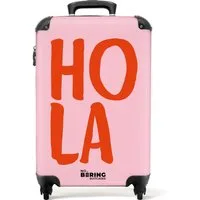 NoBoringSuitcases.com© Hartschalen-Trolley Rosa mit rotem Spruch 'hola' 55x35x20cm, 4 Rollen, Handgepäck Koffer & Trolleys, Luggage, Reisekoffer Frauen