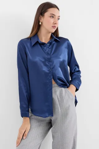 Satin Langarmhemd mit Knopfverschluss