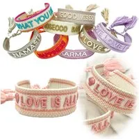 LS-LebenStil Armband Canvas Statement Armband Love is All Rosy Peach Quasten bestickt (Baumwollarmband Webarmband Armbandliebe Freundschaftsarmband Freundschaftsband Partnerarmband, 1-tlg., textil geflochten gewebt - hochwertiger gestickter Spruch), 