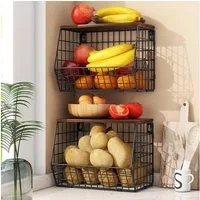 TUWENA Obstschale Obstkorb Hängend, Obst Gemüse Aufbewahrung, Wand Stapelbar Obstschale, (2-tlg), Mit Holzdeckel und Haken, zur Aufbewahrung Von Gemüse, Obst Und Snack