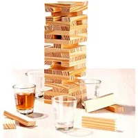 HAC24 Spiel Trinkspiel Wackelturm Trink Spiel Turm Partyspiel für Erwaschsene, Gesellschaftsspiel, Mit 60 Holz Bauklötzen und 4 Shotgläsern