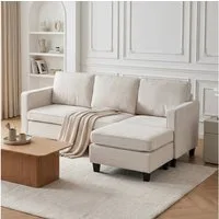Jiexi Ecksofa 3-Sitzer Sofa Beige mit beweglichem Hocker fürs Wohnzimmer