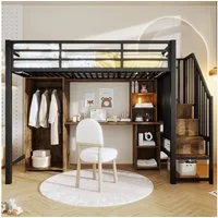 Ulife Hochbett 90 x 200 cm, mit Stauraum, Kleiderschrank, Schreibtisch, Eisenrahmen Treppenkonstruktionen mit Stauraum, ohne Matratze, schwarz