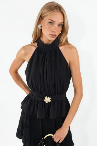 Damen Halterneck Gürtel Crepe Bluse