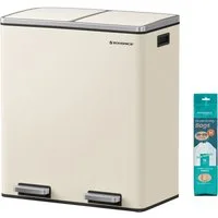 SONGMICS Mülleimer 2 Fächer, Mülltrennsystem, Treteimer, Abfalleimer Küche, 15 Müllsäcke, 2x30L, Inneneimer aus Kunststoff, Klappdeckel, Softclose, luftdicht