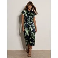 Apricot Midikleid Satinkleid (mit Bindeband) mit Blattmuster und Bindeband