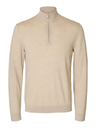 selected men - SLMTRAY LS KNIT REG MERINO HALF ZIP NOOS Oatmeal - Gr. - M