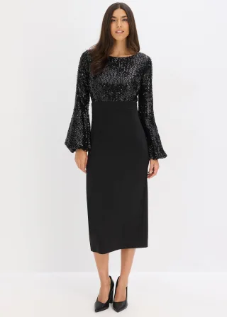 bonprix Midikleid mit Pailletten, schwarz, Gr.50, Modern und feminin: Midikleid mit Rock aus softem Scuba und einem Oberteil aus glänzenden Pailletten.
