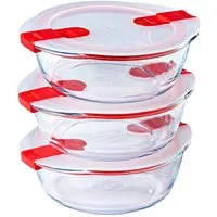 PYREX Frischhaltedose Cook & Heat, Borosilikatglas, (Lunchbox-Set, 3-tlg., rund, je 1 l), mit Ventil, auslaufsicher, mikrowellengeeignet
