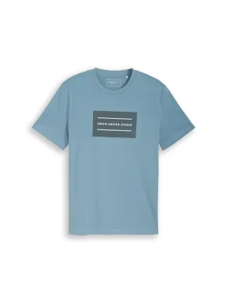 Denim Tom Tailor - Basic T-Shirt mit Logo-Print steel blue - Gr. - L