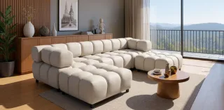 Sofa Designersofa FLOW 3-Sitzer inkl. 2 x Polsterhocker Stoff Bluvel Creme