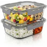 Arendo Frischhaltedose 2 Fächer, Deckel, 2er Set Glas Vorratsdosen, Lunchboxen, auslaufsicher, Borosilikatglas, (Set, 2-tlg., mit 2 Fächern), Mikrowellen, Ofen, Gefrier & spülmaschinengeeignet, Bento, Meal Prep