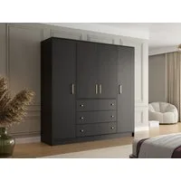 Beautysofa Drehtürenschrank RILO mit 4 Türen und goldfarbene Griffe (Kleiderstange, 8 Regalböden, 3 Schubladen, Farbe: Weiß oder Schwarz) Breite: 196 cm
