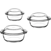 Pasabahce Auflaufform 6-teilig Borcam Kasserolle 3er Set Auflaufform rund mit Deckel, (6-St)
