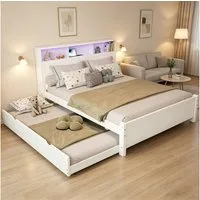 REDOM Holzbett mit Ausziehbett, Ladebuchse & LED-Umgebungslicht (Kinderbett, Familien-Spleißbett, Kopfteil-Aufbewahrung, 120x200 & 90x190 cm, für Gäste und Kinderzimmer), ohne Matratze
