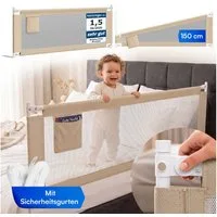 Bellabino Bettschutzgitter Bettschutzgitter Drina höhenverstellbar 62-93cm/69–99 cm (150 cm breit, 1 St., Beige, mit Sicherheitsgurt), Rausfallschutz, klappbar & kombinierbar, verfügbar in B 150/180/200 cm