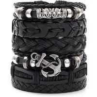 Zaewry Armband 4/6-teiliges Punk-Armband-Set für Herren, Schwarzes Lederarmband, Gothic geflochtener Armreif
