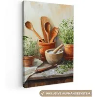 OneMillionCanvasses® Leinwandbild Töpfe - Kräuter - Holz, Fotodruck (1 St), Leinwand Canvas Wandbild, Wanddekoration 20x30 cm