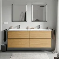 Bernstein Waschbeckenunterschrank LAVOA 160cm Eiche honiggold CREAM Weiß matt Unterschrank mit Doppelwaschbecken 4 Schubladen