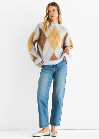Runder-Ausschnitt-Pullover aus blauem Argyle-Strick