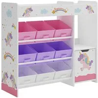 en.casa Kinderregal, »Søndreland« mit 9 Faltboxen mit Einhorn Motiv