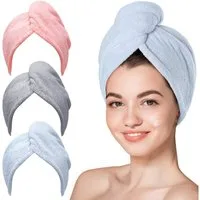FOUORTUNATE-BEE Turban-Handtuch Schnelltrocknendes Haarhandtuch für Damen mit Knopf, 3er Set, Weiches Mikrofaser-Haartuch für langes & lockiges Haar