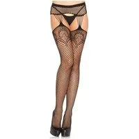 Leg Avenue Strapsstrümpfe Netz-Strapfstrümpfe mit Strumpfhalter und Spitze - schwarz transparent