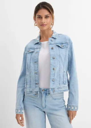 bonprix Jeansjacke mit Stickerei, blau, Gr.54, moderne verspielte Jeansjacke mit Blumenstickerei von Premium, 76% Baumwolle
