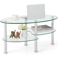 COSTWAY Couchtisch, Glastisch oval Wohnzimmertisch mit Stauraum 89x50x45cm