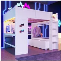 MODFU Kinderbett mit Schreibtisch, LED-Beleuchtung (Hochbett mit USB & Typ-C Ladeanschlüssen, Sicherheitsleiter, Schubladen & Wäscheständer, Funktionsbett 140x200 cm), ohne Matratze