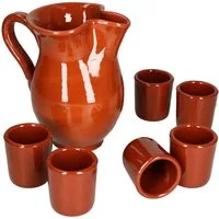 MamboCat Becher 7tlg. Tongeschirr Set Tonkrug 0,5L + 6 Tonbecher 50ml braun glasiert