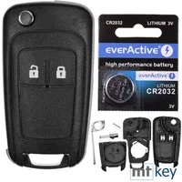 mt-key Klapp Schlüssel Reparatur Gehäuse 2 Tasten + Rohling + 1x CR2032 Knopfzelle, CR2032 (3 V), für OPEL Astra J Corsa E Mokka Zafira C Funk Fernbedienung