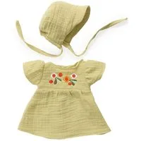 DJECO Puppenkleidung Pomea Frühlingskleid für Puppen 28–34 cm Häubchen zarte Gaze-Baumwolle