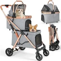 TLGREEN Hundebuggy Doppel Hundebuggy 2 Etagen, (Faltbarer Haustierbuggy für 2 Tiere bis 15kg), Katzenbuggy mit 2 Körben, 4 PU-Rädern, Fußbremse & Dämpfung
